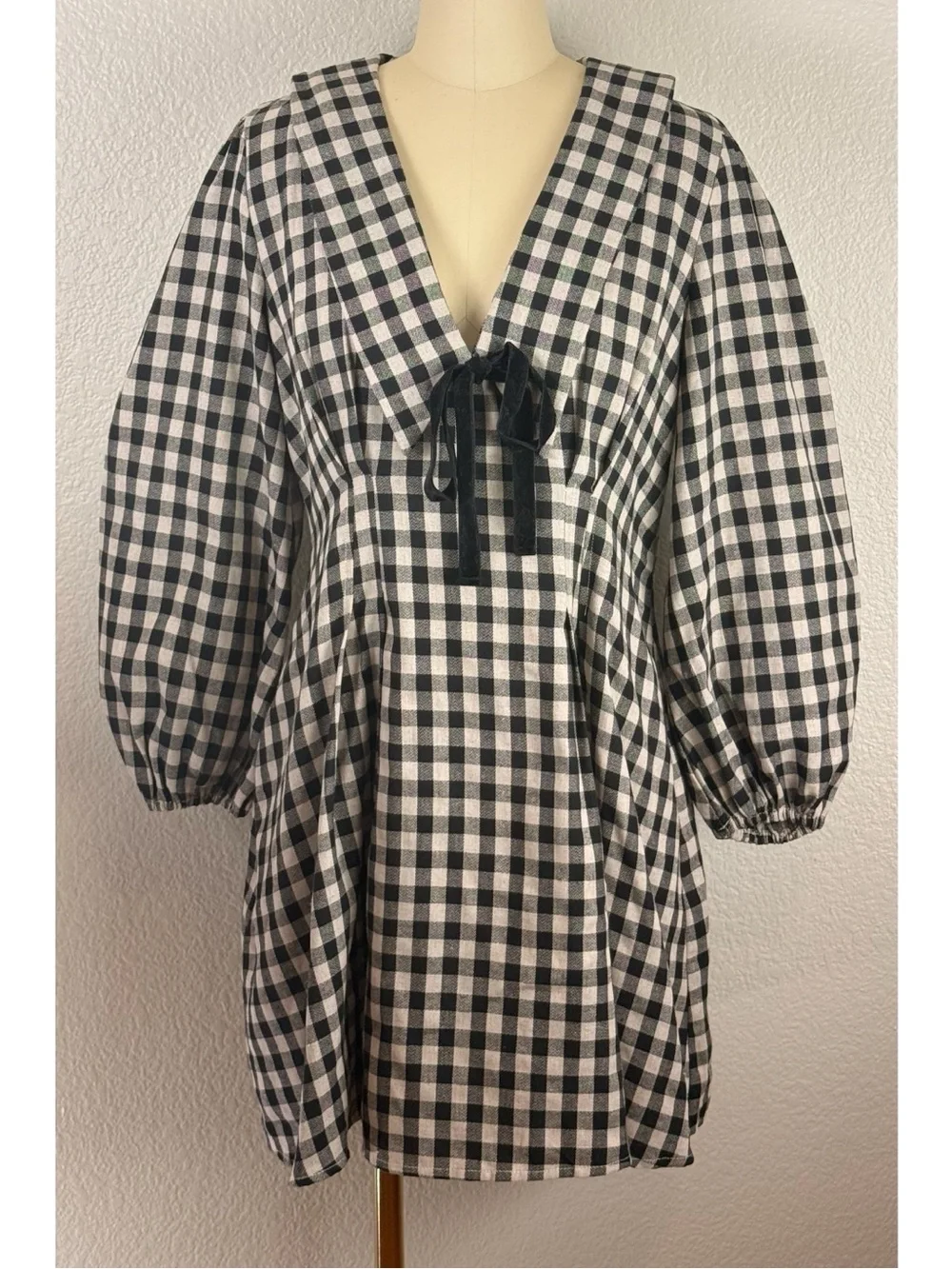 One Loved Babe Gingham Oversized V-Neck Peter Pan Collar Babydoll Mini Dress
